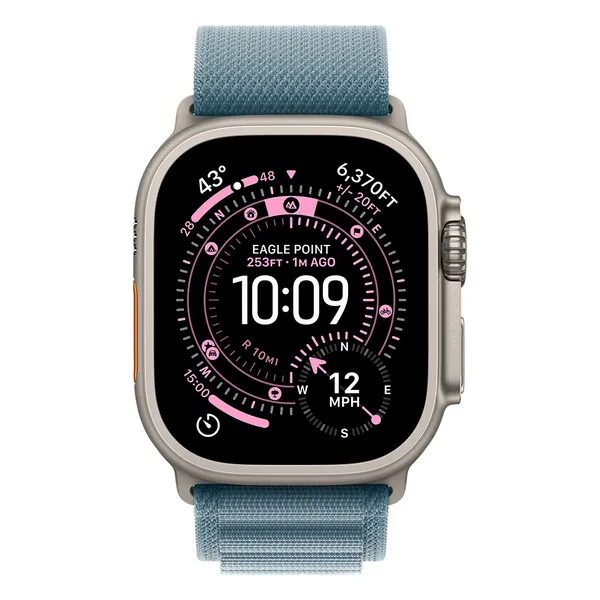 Apple Watch Ultra 3 49mm luonnonvaalea titaanikuori ja vaaleansininen Alpine-ranneke (suuri)
