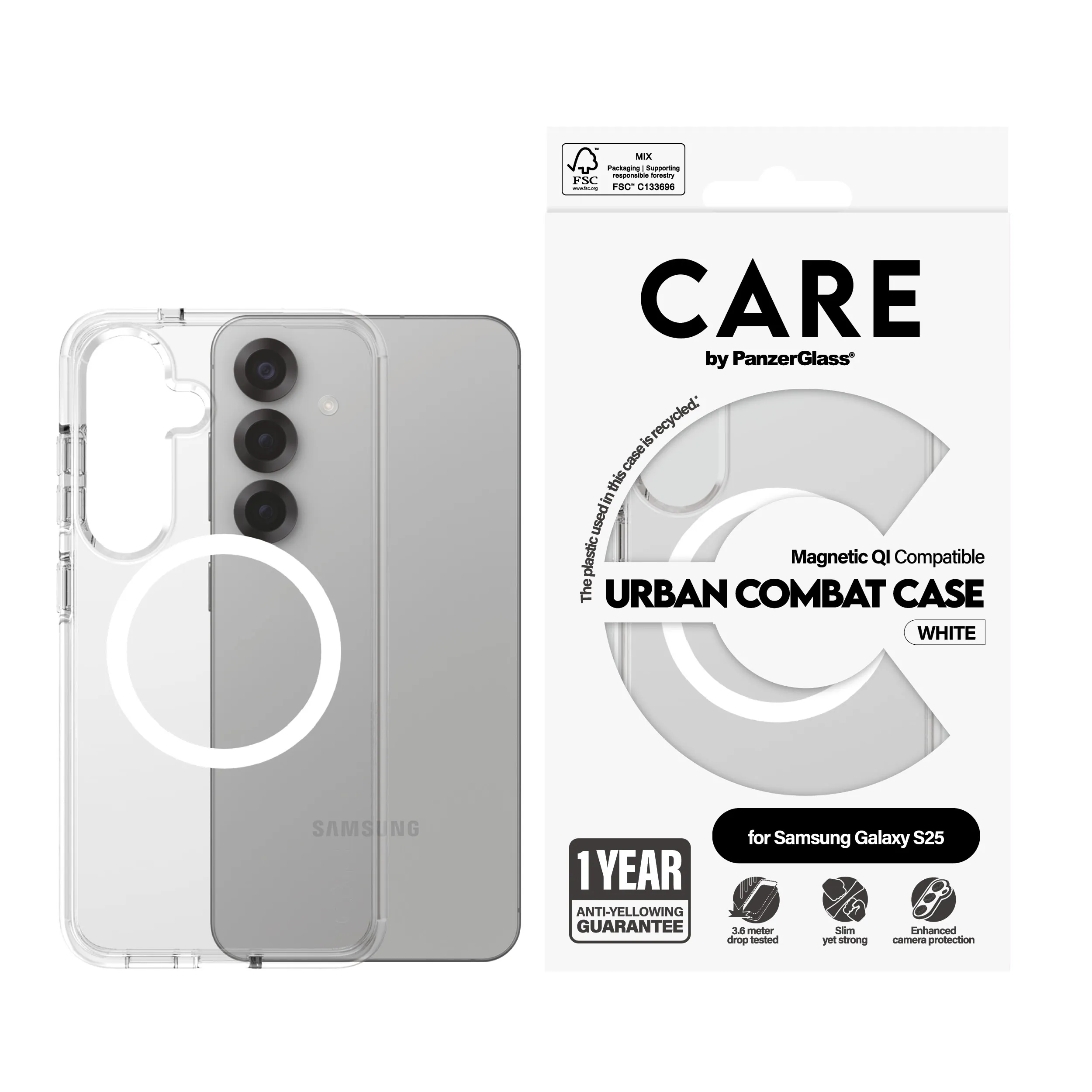 PanzerGlass Urban Combat Case for Galaxy S25, Transparent w. White