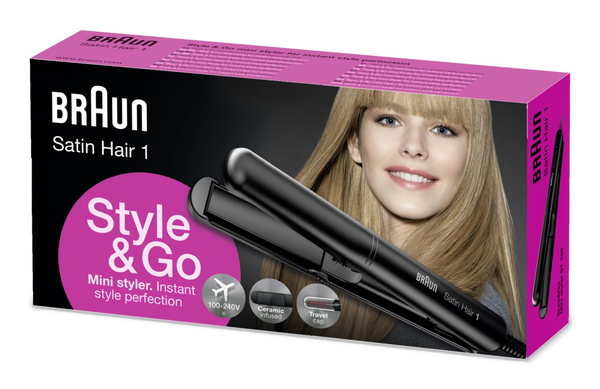 BRAUN SUORISTUSRAUTA ST100 Style&amp;Go- HIUSTENMUOTOILIJA.Travel Collection STRAIGHTENER SATIN HAIR 1 Suoristin.