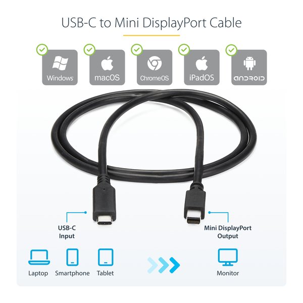 Startech USB-C &ndash; Mini DisplayPort -kaapeli, 1,8 m, Musta