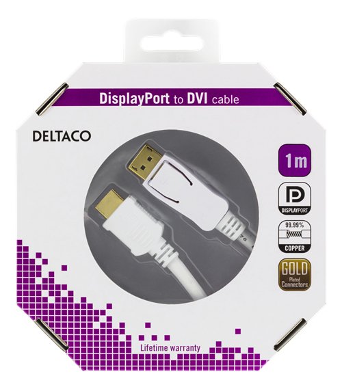 Deltaco DisplayPort &ndash; HDMI -kaapeli, 1 m, Valkoinen