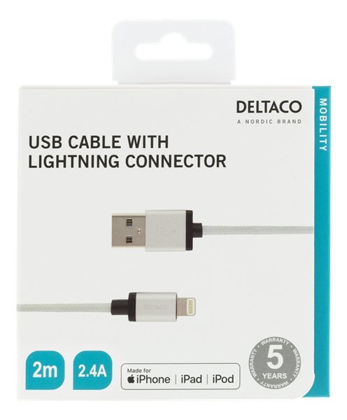 Deltaco Prime USB A - Lightning - cable, 2m, Silver