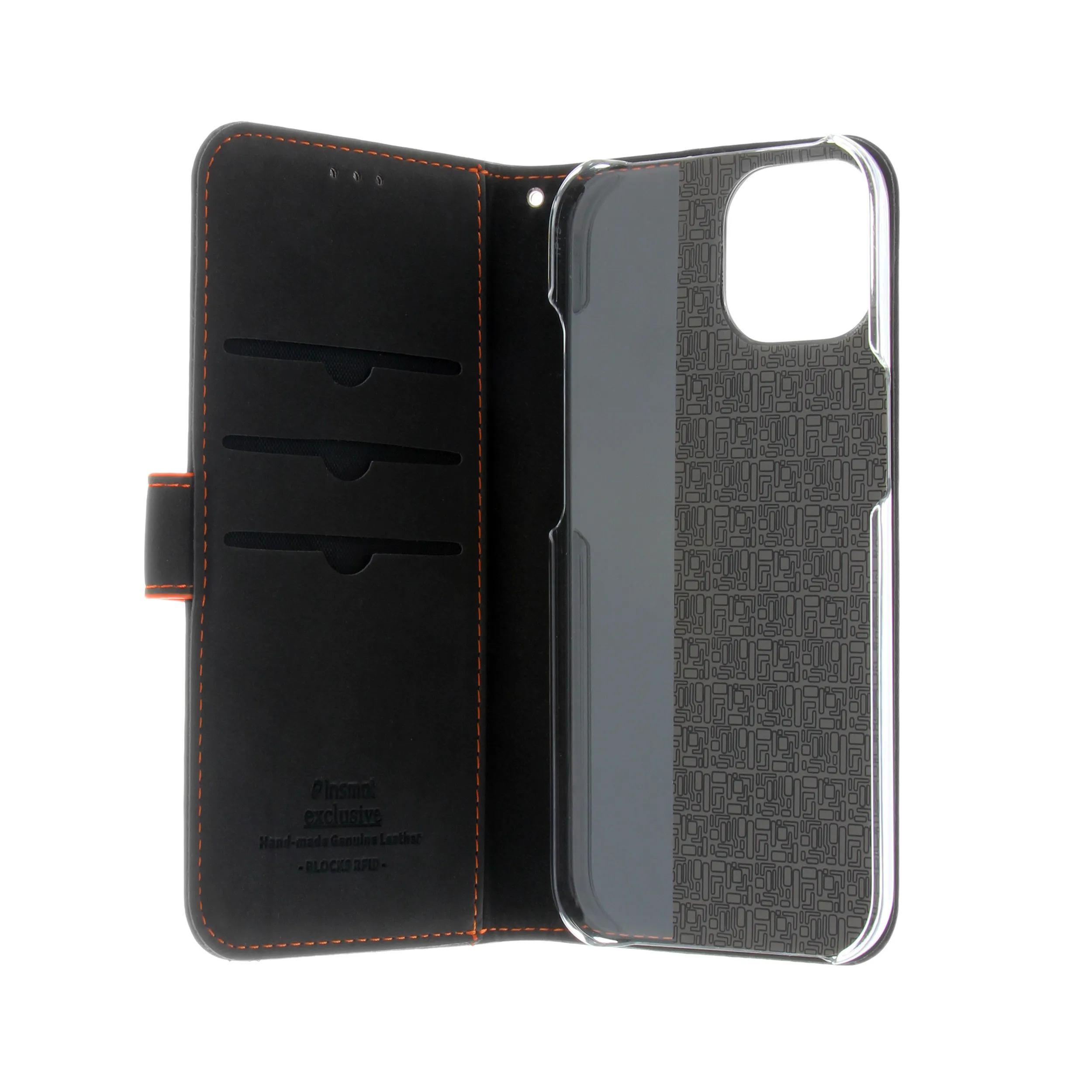 Insmat Flip Case, iPhone 15 - Wallet Case, Black/Orange