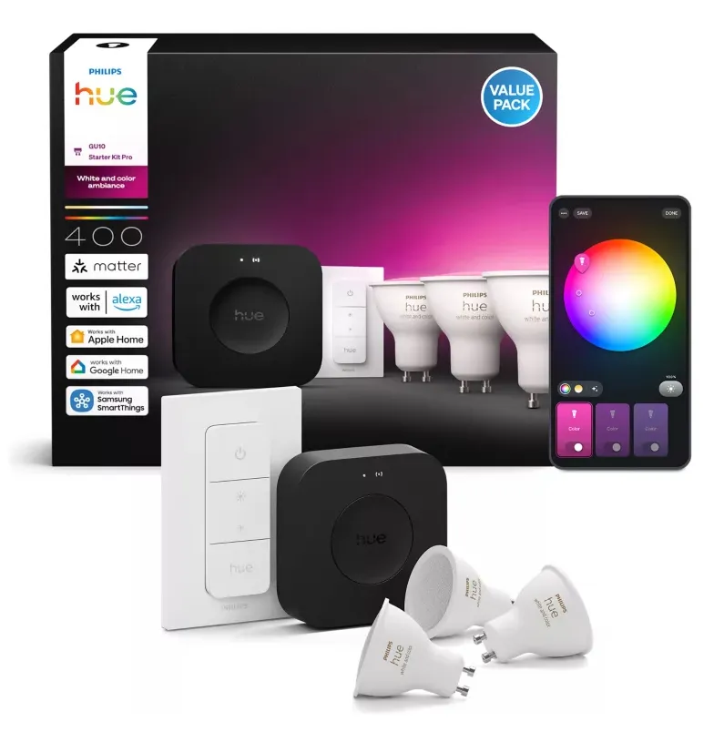 Philips Hue White and Color Ambiance -aloituspakkaus (3x GU10 LED, Hue Bridge Pro, himmenninkytkin)