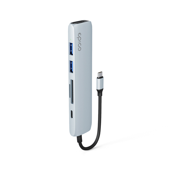 Epico 6in1 Aluminium Hub 100W USB-C PD, 2 × USB-A, HDMI, SD/Micro SD Card Slot 8K with USB-C Connector, Sky Blue