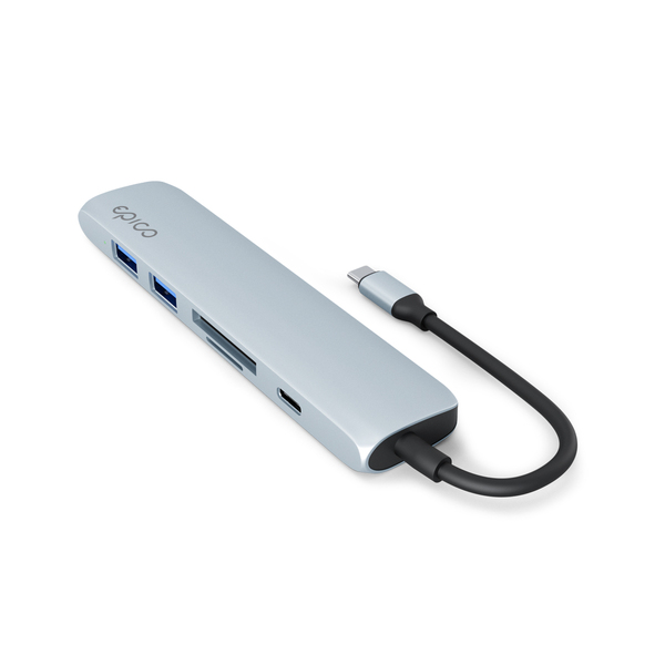 Epico 6in1 Aluminium Hub 100W USB-C PD, 2 × USB-A, HDMI, SD/Micro SD Card Slot 8K with USB-C Connector, Sky Blue
