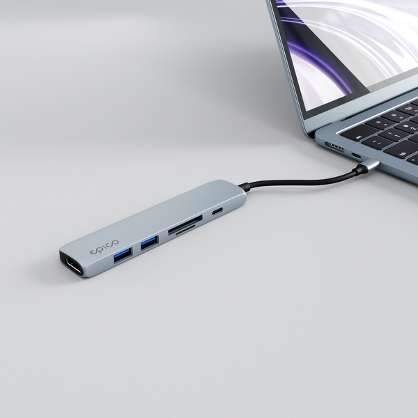 Epico 6in1 Aluminium Hub 100W USB-C PD, 2 × USB-A, HDMI, SD/Micro SD Card Slot 8K with USB-C Connector, Sky Blue