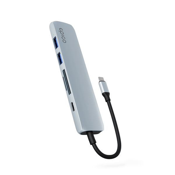 Epico 6in1 Aluminium Hub 100W USB-C PD, 2 × USB-A, HDMI, SD/Micro SD Card Slot 8K with USB-C Connector, Sky Blue