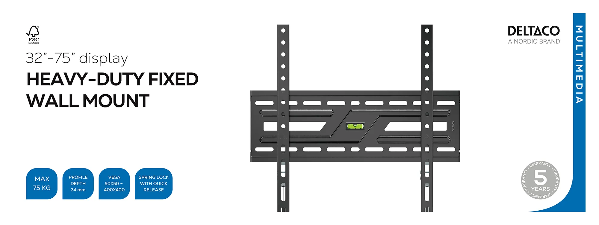 DELTACO ARM-1150-B Heavy-Duty Fixed Wall Mount for 32&ndash;75" TVs, 75 kg, Black