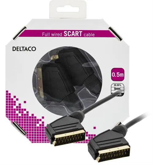 DELTACO SCART-kaapeli, t&auml;ysinkytketty, ur - ur, 0,5m, musta