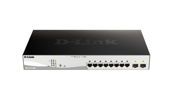 D-Link 10-port Hanterad switch, 2x SFP, 130W PoE +, Gigabit, vit