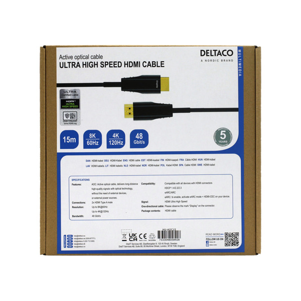 Deltaco Ultra High Speed HDMI 2.1 Active Optical cable, 8K, 15 m, Black