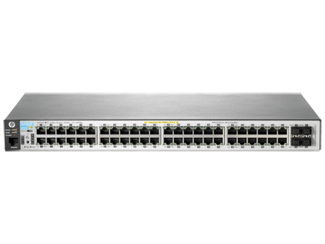 Aruba 2530-48G-PoE+ Layer 2 Switch  48x 10/100/1000T 802.3at PoE+ ports + 4x fixed Gigabit Ethernet SFP ports (PoE-budget 382 W). Features: 802.1p priority, 802