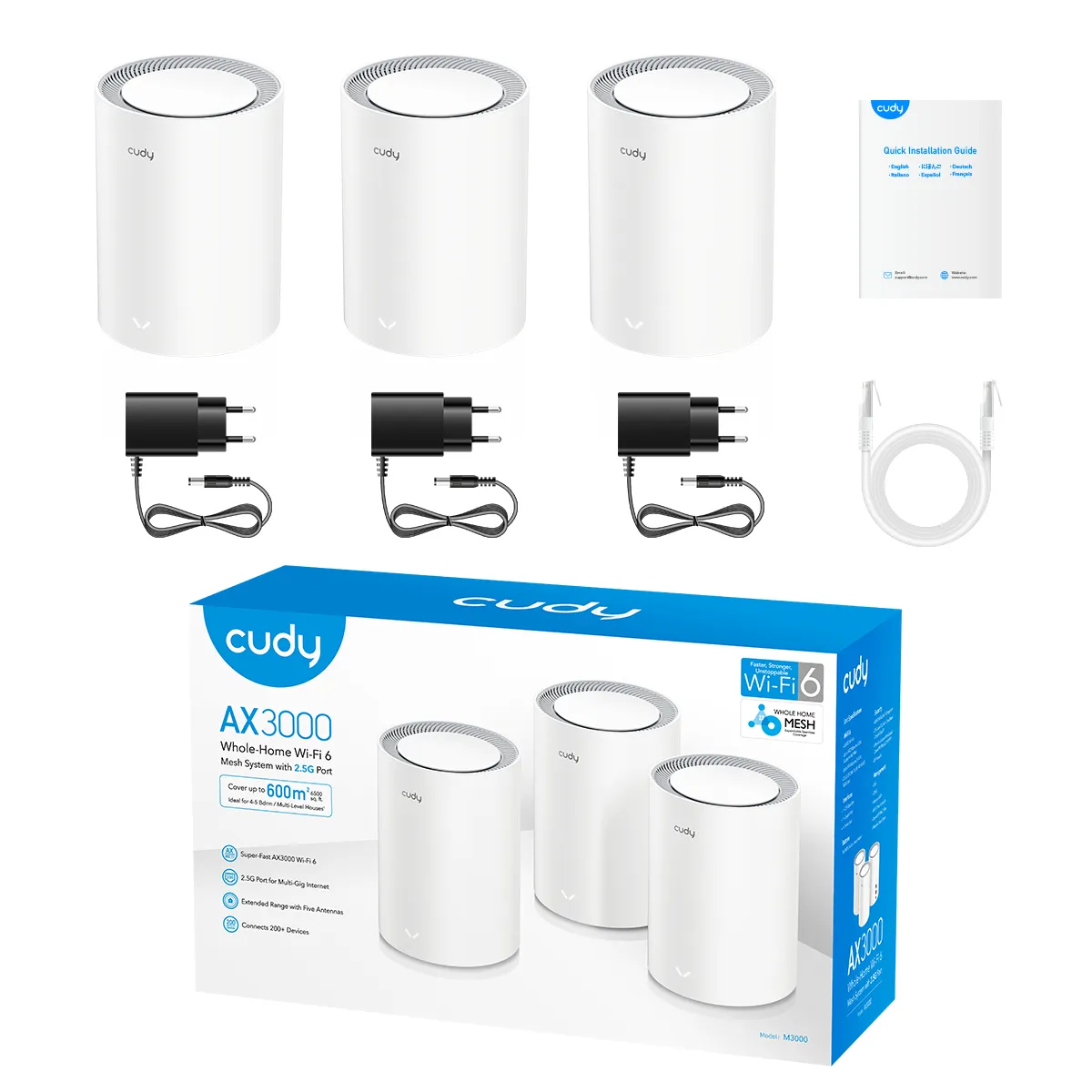 Cudy M3000 mesh WiFi-system, Wi-Fi 6, AX3000, Dual-band, 3 st, med 2,5G WAN, vit