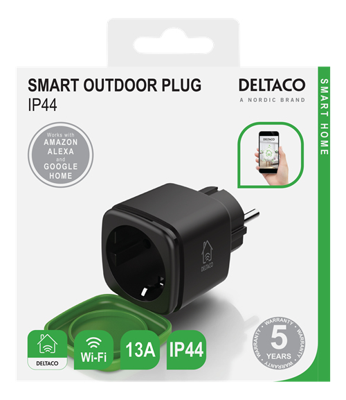 Deltaco Smart Home SH-OP01 -älypistorasia ulkokäyttöön, Wi-Fi, IP44, musta/vihreä