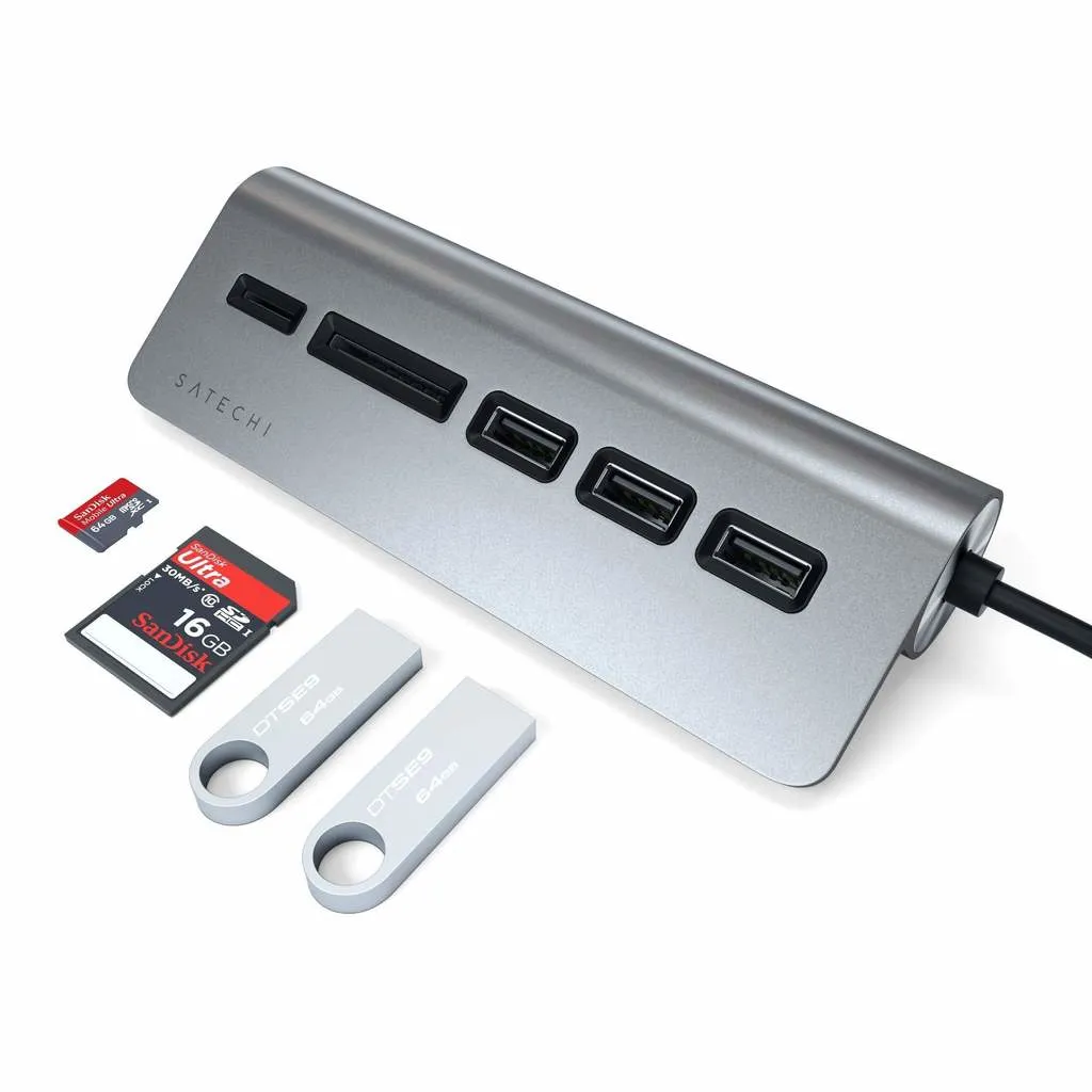 Satechi USB-C Aluminum USB-hub & Minneskortläsare, space gray