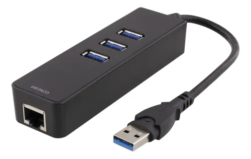 Deltaco nätverksadapter, 1xGigabitRJ45, 1xUSB3 A ha, 3x USB3 ho, svart