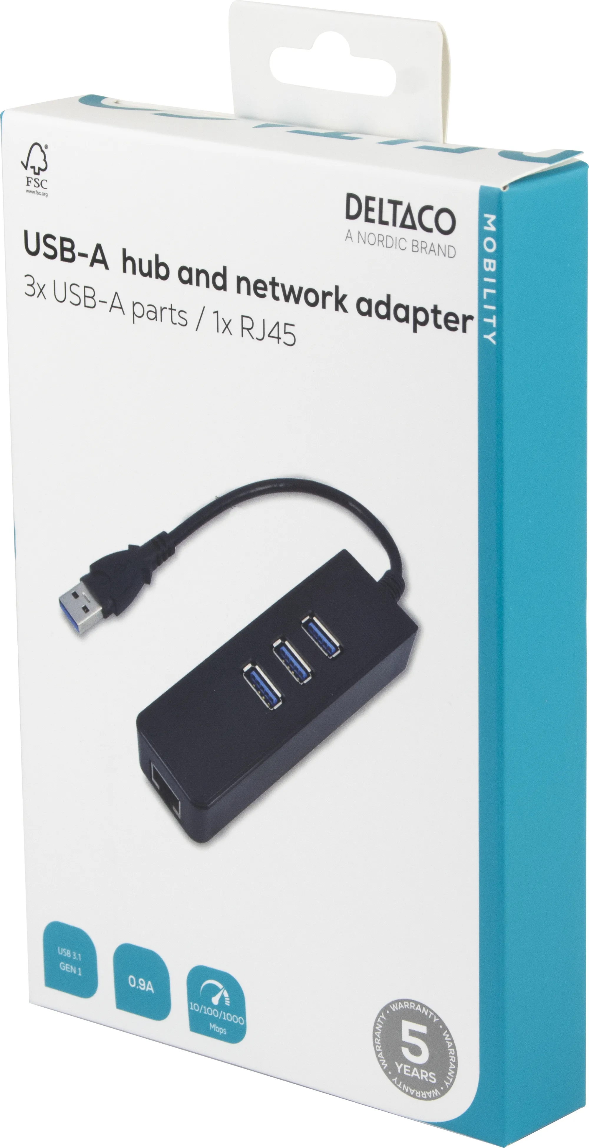 Deltaco n&auml;tverksadapter, 1xGigabitRJ45, 1xUSB3 A ha, 3x USB3 ho, svart