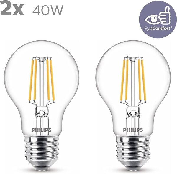 Philips LED Classic A60 E27 LED-lampa 2-pack (4,3 W, 40 W motsvarighet, 470 lm, Klar, 2700 K)