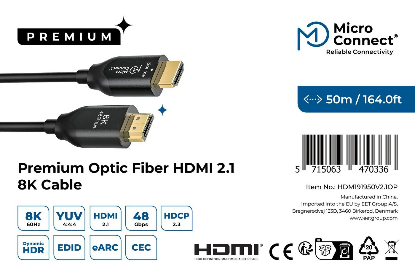 MicroConnect Ultra High Speed Active HDMI 2.1 -kaapeli, jossa 8K, jossa Ethernet, 50 m, musta