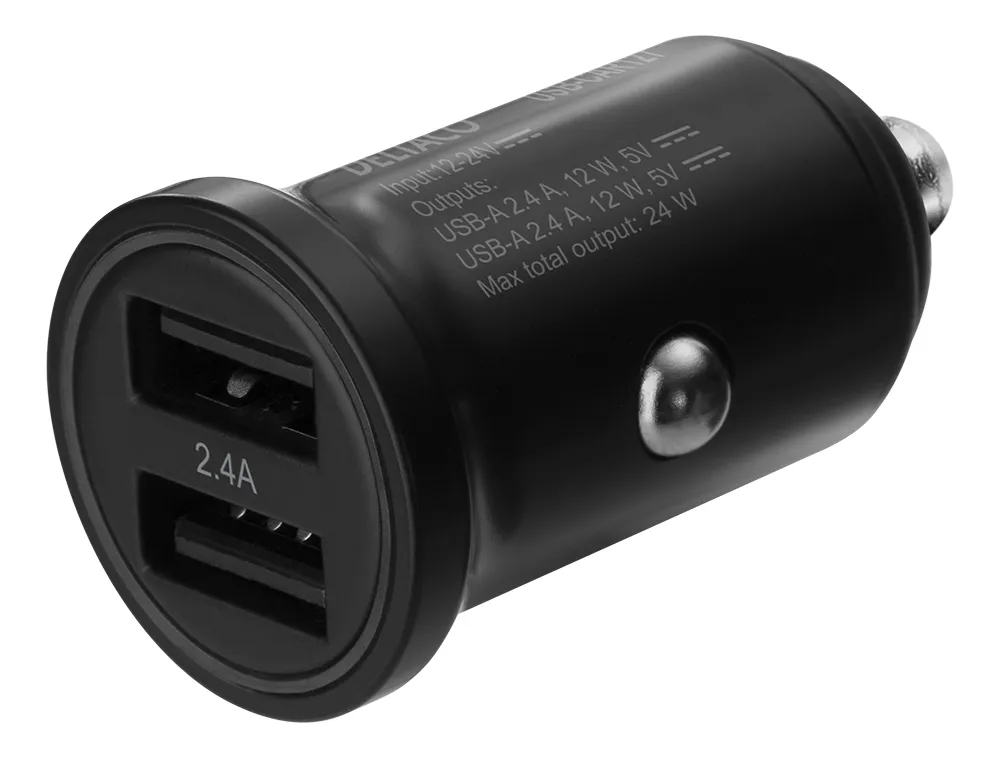 DELTACO 12/24 V USB-billaddare med dubbla USB-A portar, 24 W svart