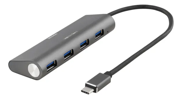 DELTACO 4-port USB Hubb, Type C male, 4xType A female, alu, black