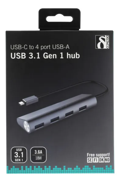DELTACO 4-port USB Hubb, Type C male, 4xType A female, alu, black