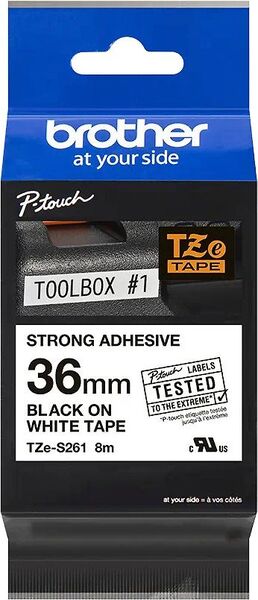 Brother TZe-S261 -lujasti kiinnittyv&auml; tarranauha, 36 mm x 8 m, musta valkoisella pohjalla