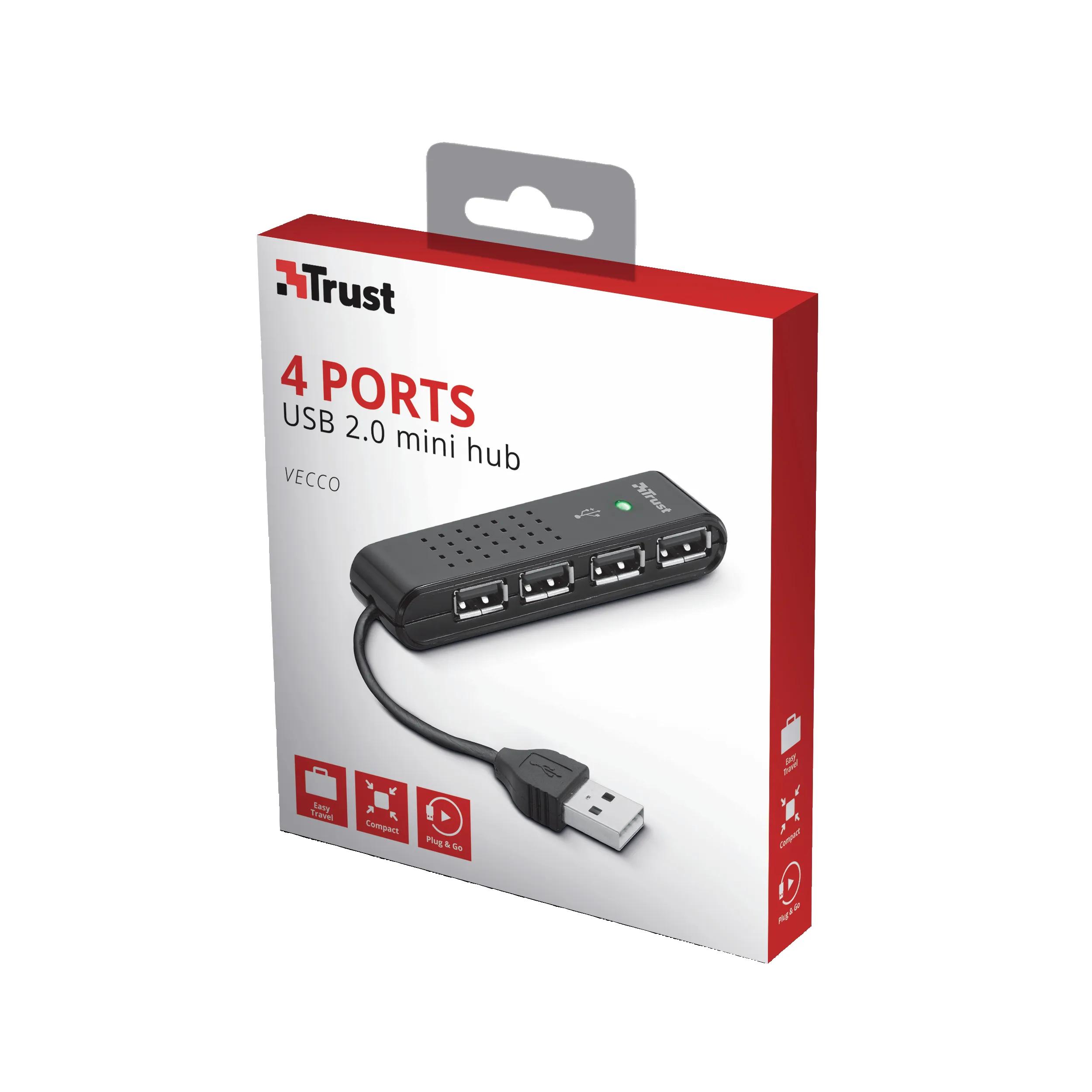 Trust Vecco 4 Port USB 2.0 Mini Hub. Eritt&auml;in pienikokoinen 4-porttinen USB 2.0 -reititin: ihanteellinen kannettavien k&auml;ytt&auml;jille.