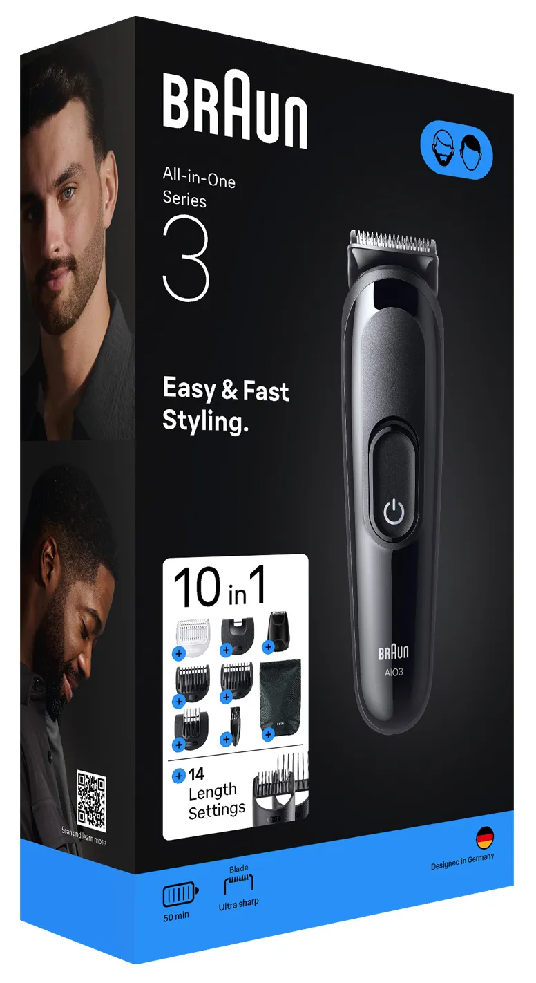 Braun All-in-One Series 3 AIO3560, sladdl&ouml;s, laddningsbar, tv&auml;ttbar parranajosetti, svart