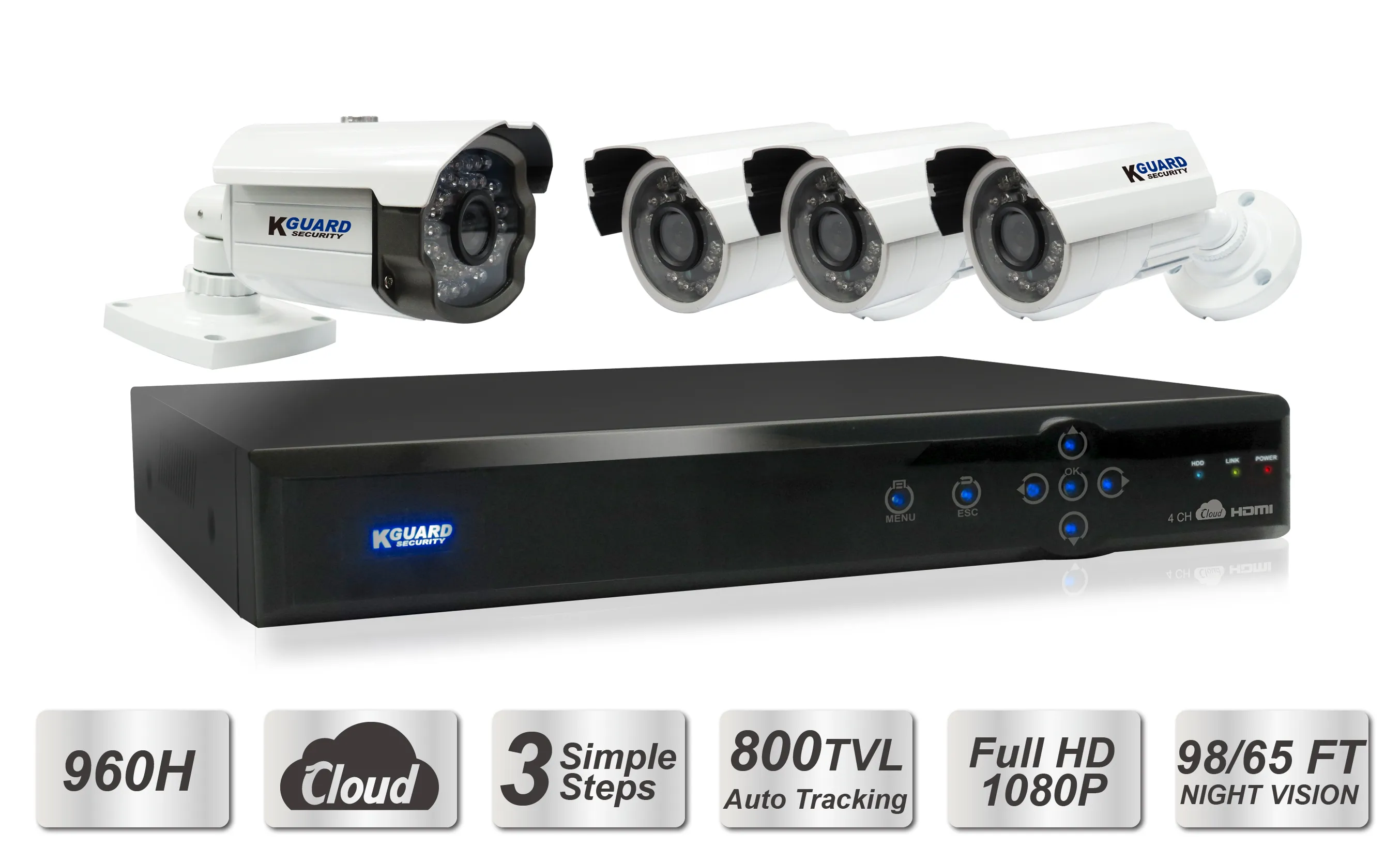 KGUARD Aurora Series Combo Kit AR421, DVR-kit med 4 kameror, svart
