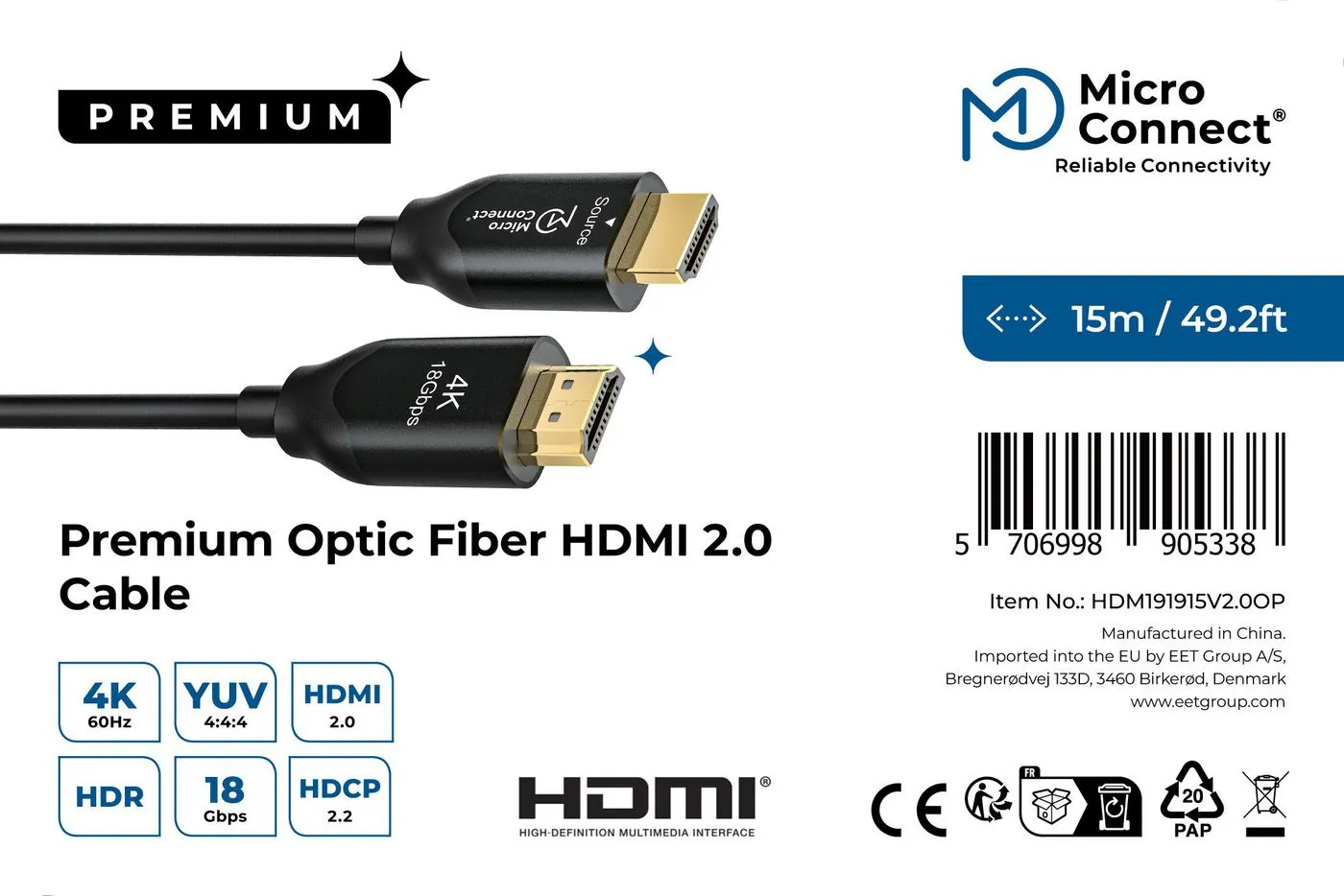 MicroConnect Premium Optic HDMI 2.0 -kaapeli, jossa 4K, 15 m, musta