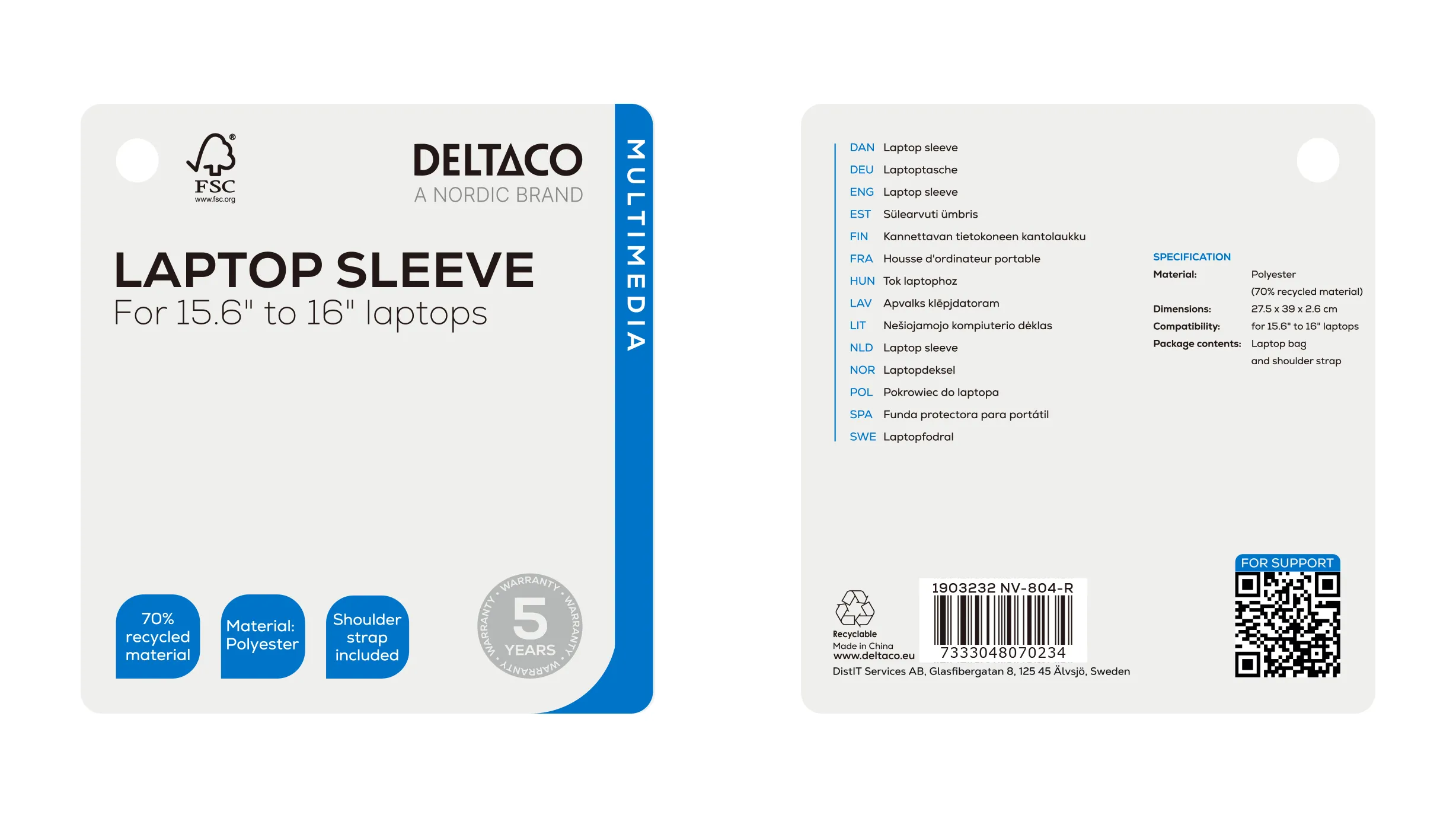 Deltaco sleeve Kierrätetystä polyesteristä - kannettavan suojaus, Musta, 15.6-16"