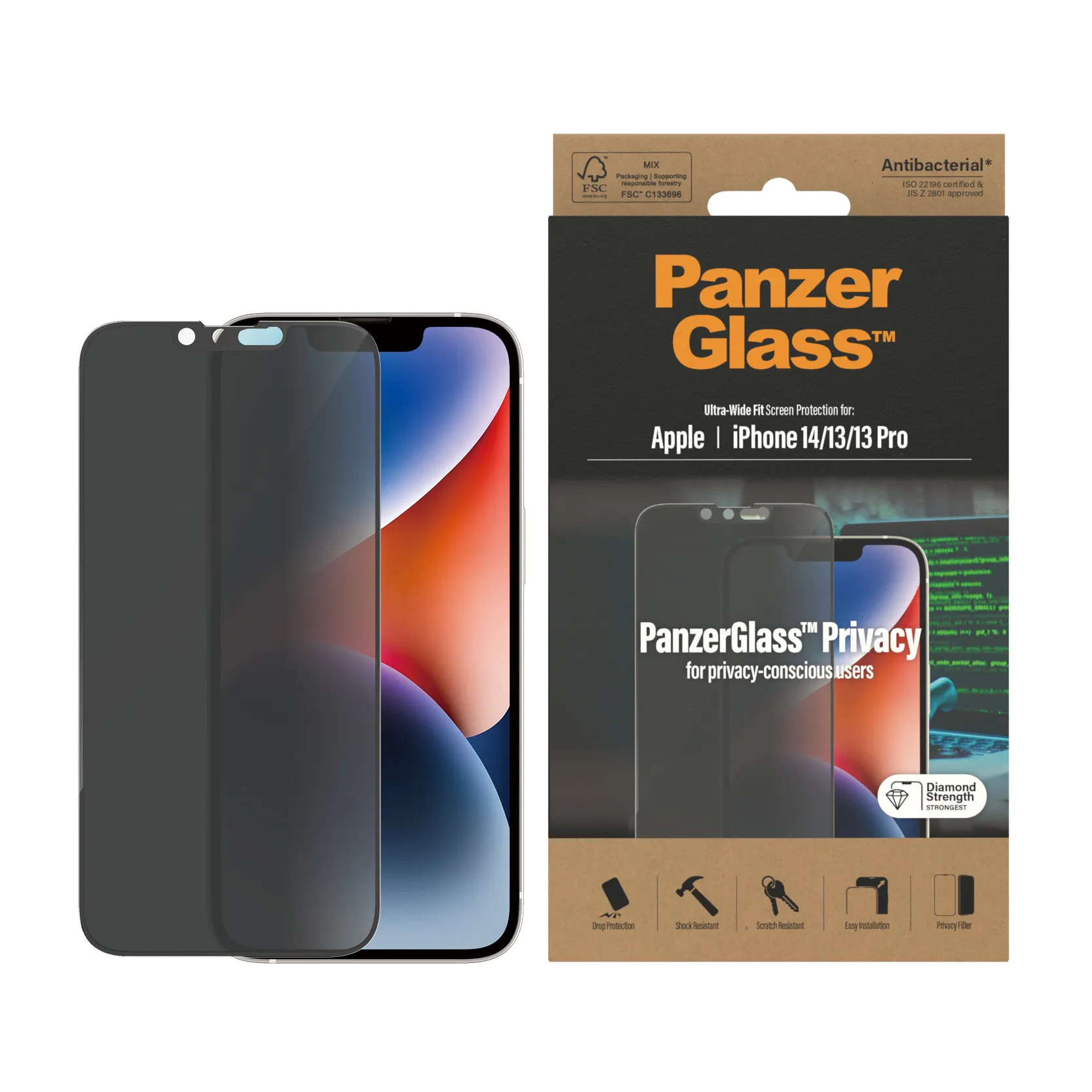 PanzerGlass Ultra-Wide Fit, Privacy, iPhone 14 / 13 / 13 Pro - sk&auml;rmskydd