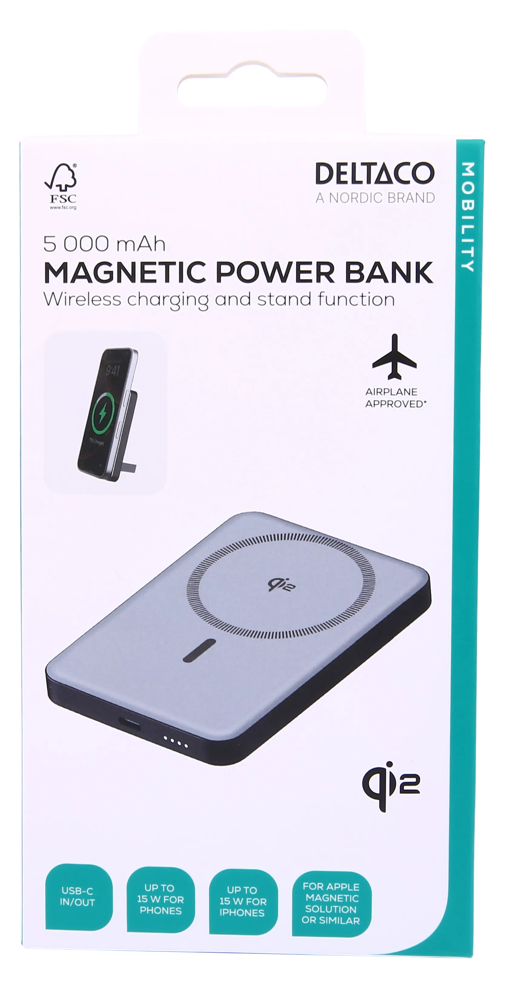 DELTACO PB-Q1008 5000mAh, 15W, PD 20W -varavirtal&auml;hde, musta