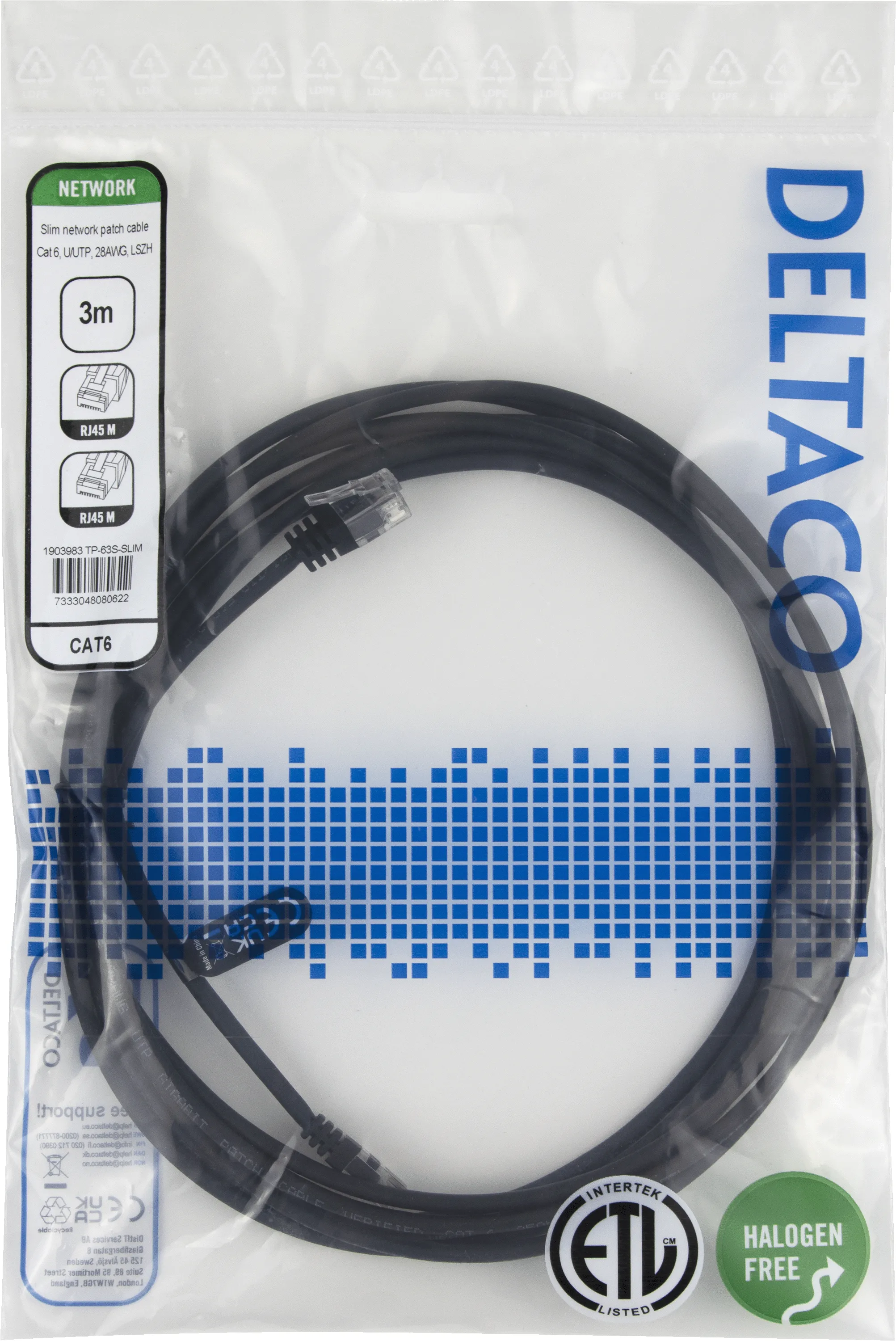 Deltaco Cat6 UTP RJ45 3m -verkkokaapeli, musta