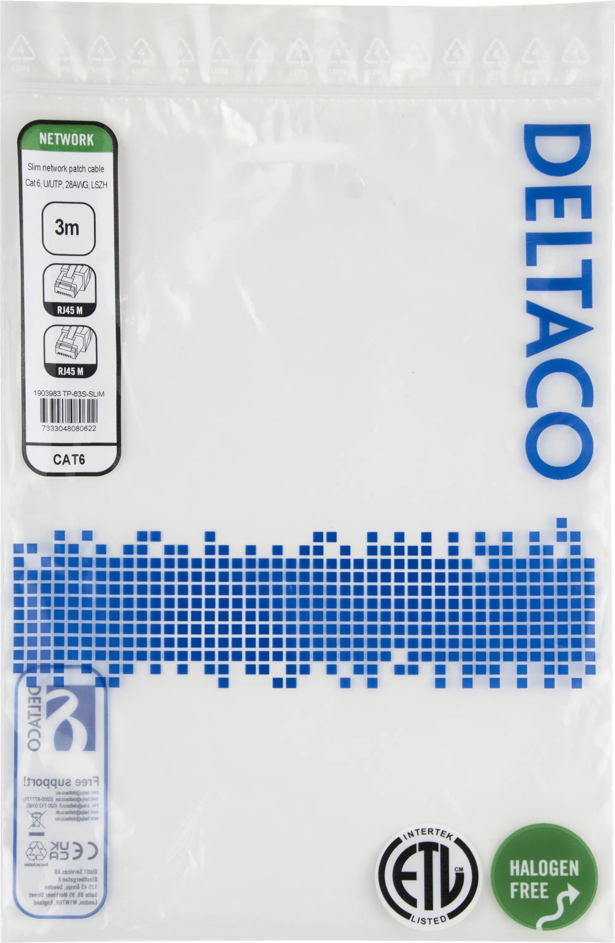 Deltaco Cat6 UTP RJ45 3m -verkkokaapeli, musta