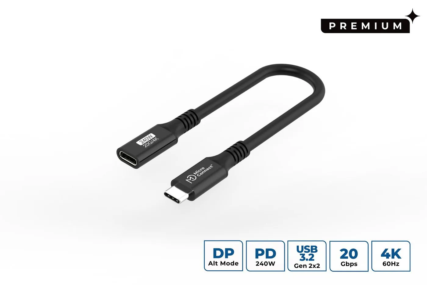 MicroConnect Premium USB-C USB 3.2 Gen 2x2 extension cable, 240W, 0.15 m, Black