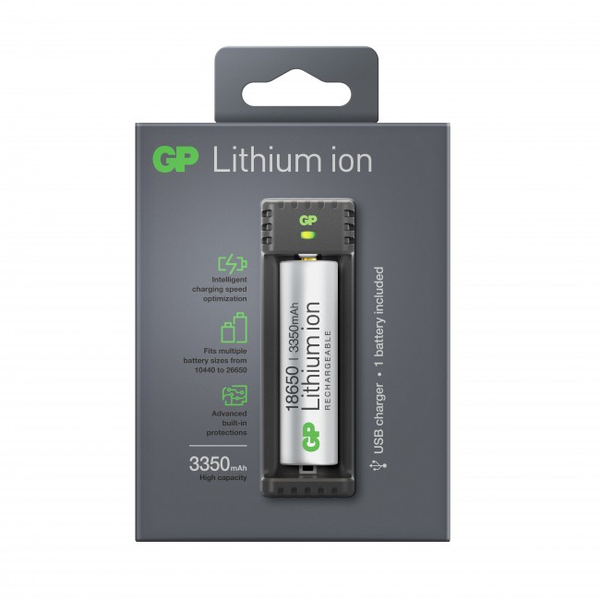GP 18650, 1-slot USB Charger with 1 battery included (3350 mAh), L111