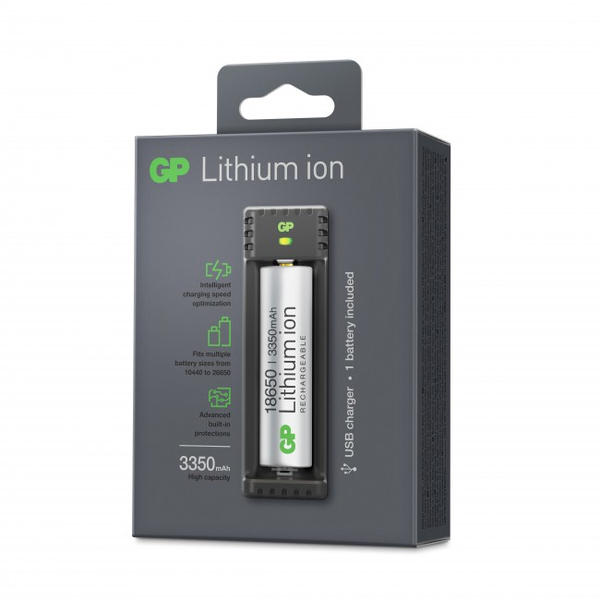 GP 18650, 1-slot USB Charger with 1 battery included (3350 mAh), L111