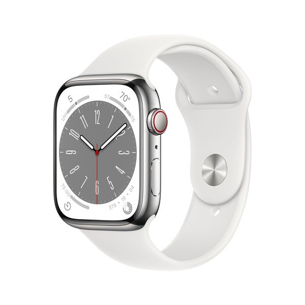 Apple Watch Series 8 GPS + Cellular, 45mm Silver Stainless Steel Case with White Sport Band