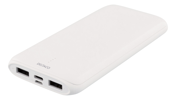 Deltaco 10000mAh, USB-C, 2x USB-A - Powerbank, White