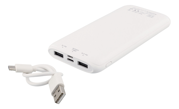 Deltaco 10000mAh, USB-C, 2x USB-A - Powerbank, White