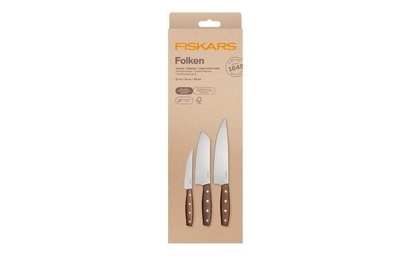 Fiskars Folken -veitsisetti, 3-osainen, saksalaista ruostumatonta terästä ja FSC-sertifioitua vaahteraa