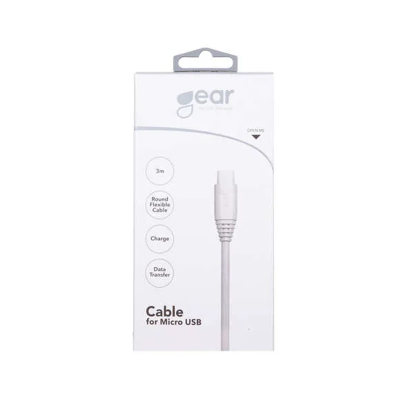 GEAR Round USB-A - Micro-USB B -kaapeli, 3 m, Valkoinen