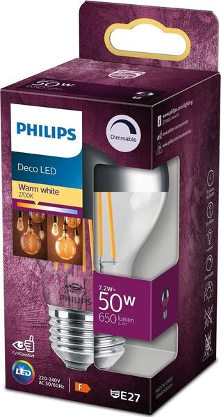 Philips LED A60 E27 Filament Toppf&ouml;rspeglad Dimbar 7,2W (50W) 650lm 2700K