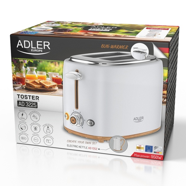 Adler AD 3225 2-Slice Toaster with Bun Warmer, 900 W, White