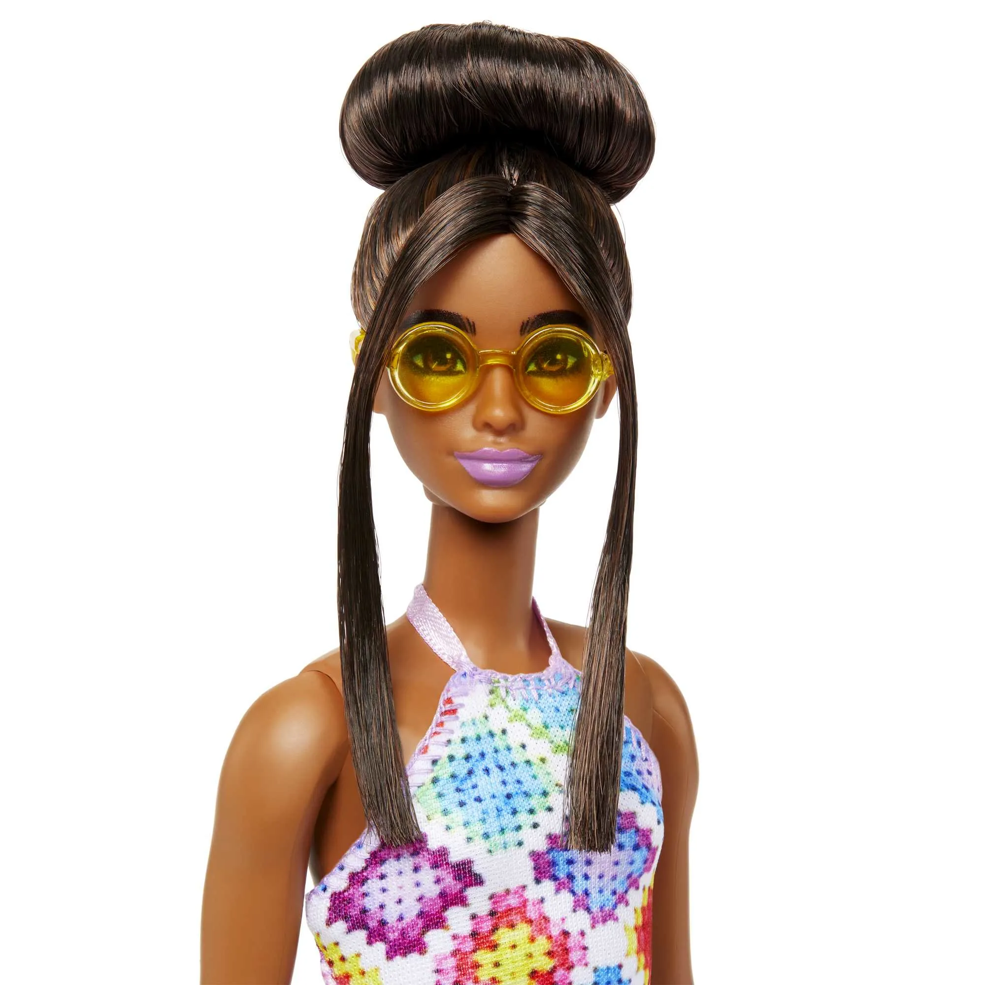 Mattel Barbie Fashionistas doll wearing a bun and crocheted dress