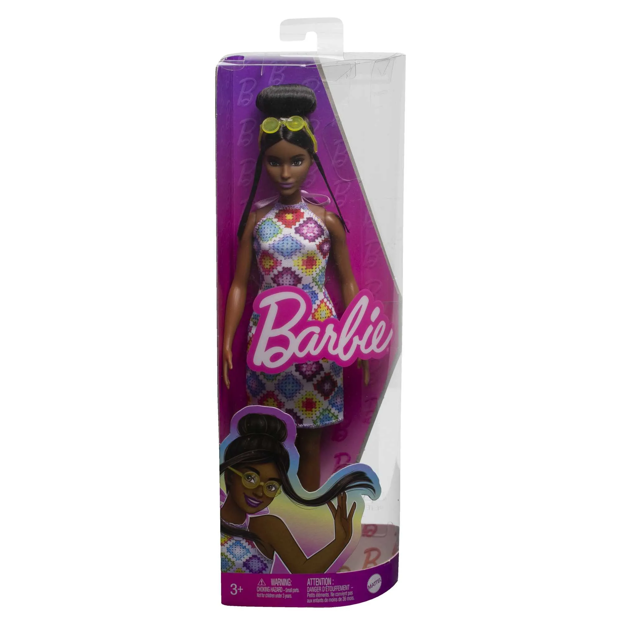 Mattel Barbie Fashionistas doll wearing a bun and crocheted dress