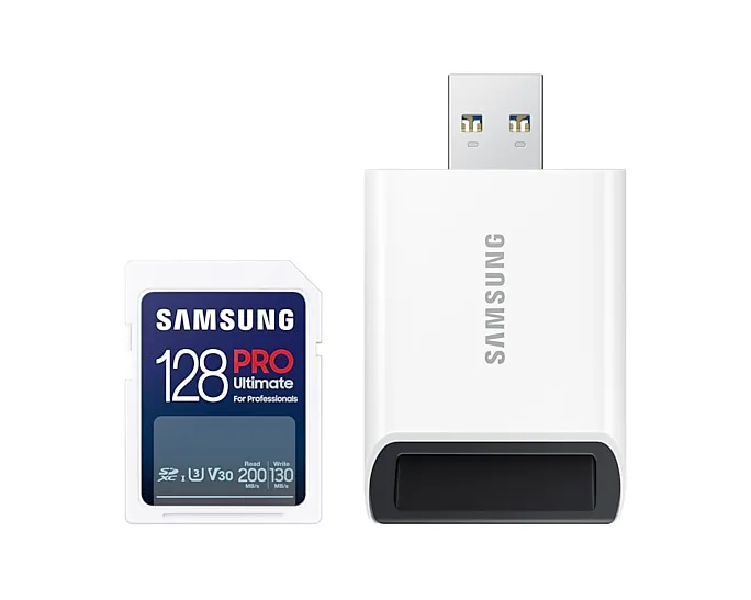 Samsung PRO Ultimate 128 GB SDXC UHS-I U3 V30 A1 kort + USB-l&auml;sare, vit